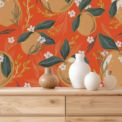 Vintage Red Orange And Leaves Pattern Wallpaper