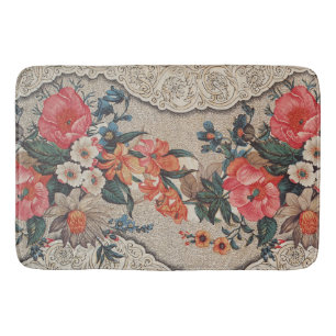 Vintage red orange white flower pattern bath mat