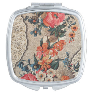 Vintage red orange white flower pattern compact mirror