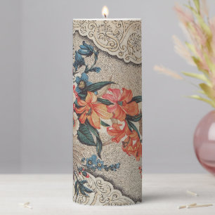 Vintage red orange white flower pattern pillar candle