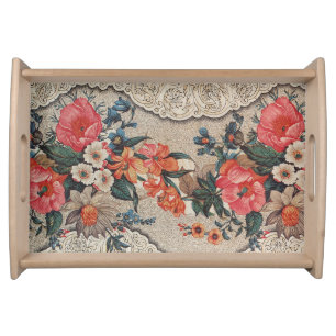 Vintage red orange white flower pattern serving tray