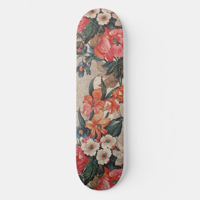 Vintage red orange white flower pattern skateboard (Front)
