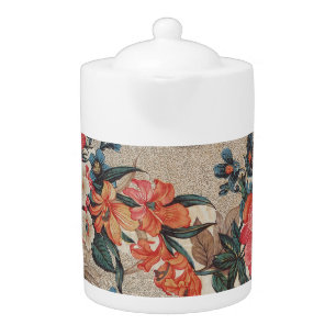 Vintage red orange white flower pattern teapot