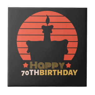 vintage red orange yellow happy 70th birthday cake ceramic tile