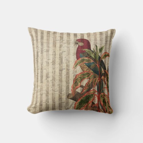 Vintage Red Parrot Faded Musical Score Bird Throw Pillow