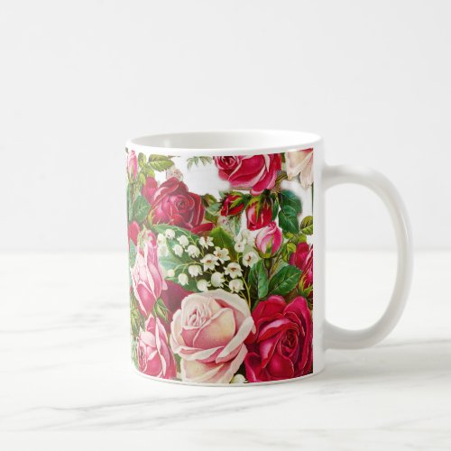 Vintage red pastel pink roses botanical flowers coffee mug