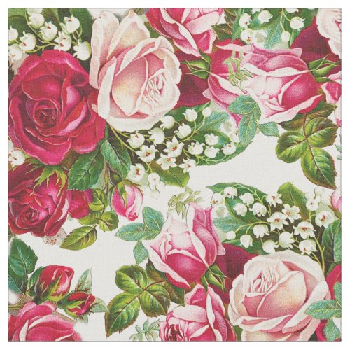 Vintage red pastel pink roses botanical flowers fabric