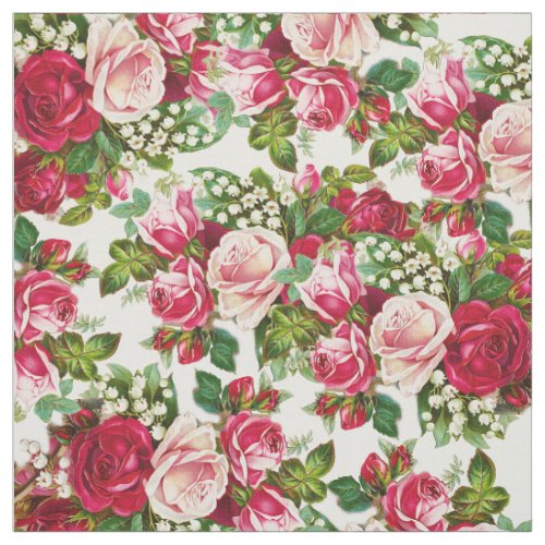 Vintage red pastel pink roses botanical flowers fabric