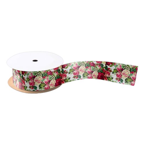 Vintage red pastel pink roses botanical flowers satin ribbon