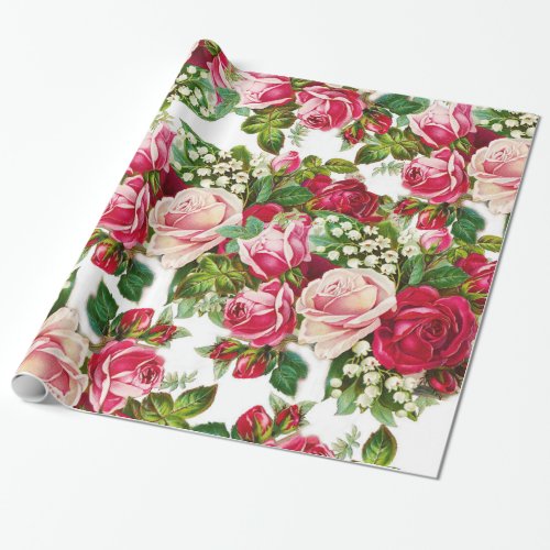 Vintage red pastel pink roses botanical flowers wrapping paper