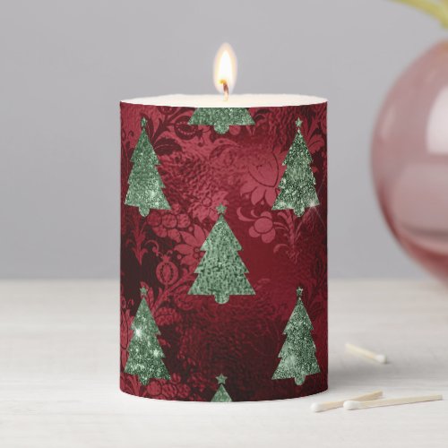 Vintage Red Pattern With Green Christmas Trees Pillar Candle