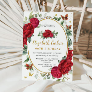 Vintage Red Peonies Floral Butterflies Birthday Invitation