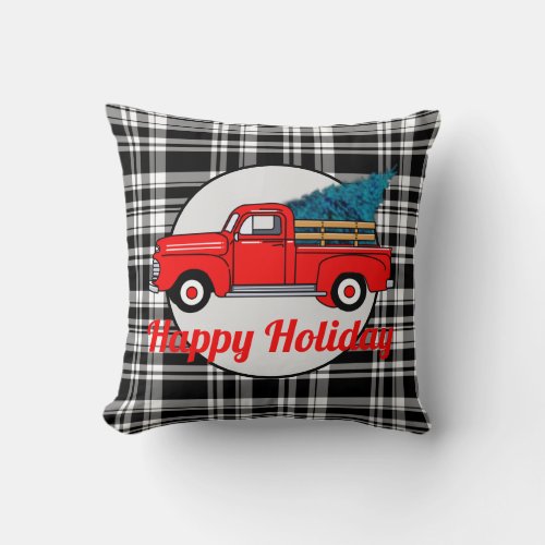 Vintage red pick_up truck pine tree holiday fun throw pillow