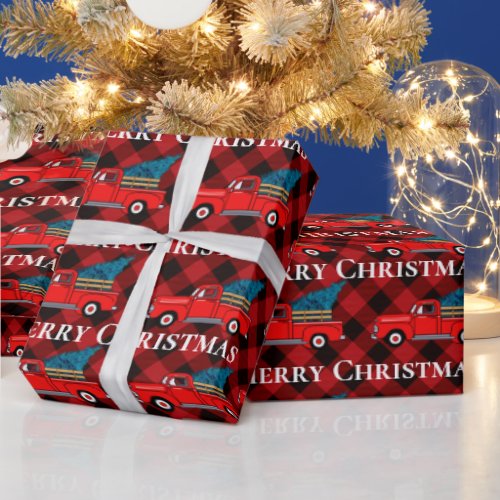 Vintage Red pick_up truck red black buffalo plaid  Wrapping Paper