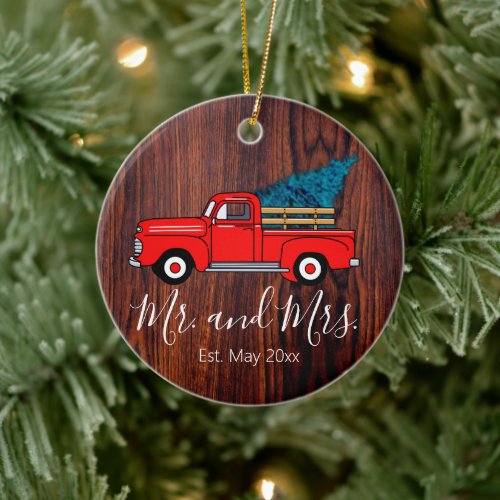 Vintage Red pick_up truck rustic wood pattern  Ce Ceramic Ornament