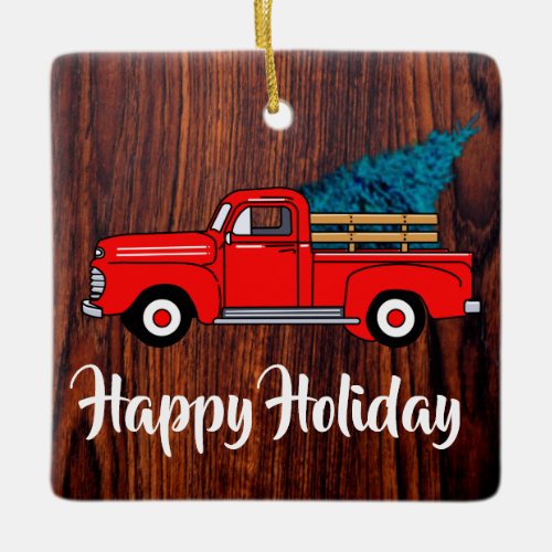 Vintage Red pick_up truck rustic wood pattern  Ceramic Ornament