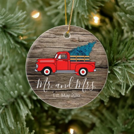 Vintage Red Pick-up Truck, Rustic Wood Pattern  Ceramic Ornament
