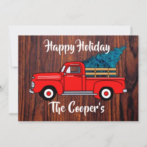 Vintage Red pick_up truck rustic wood pattern    Holiday Card