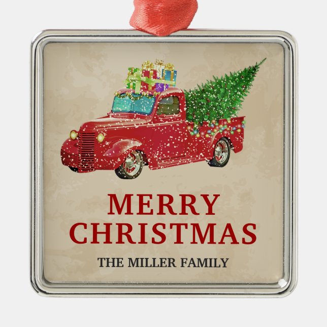 Vintage Red Pickup Truck Christmas Metal Ornament (Front)