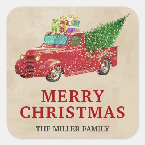Vintage Red Pickup Truck Christmas Square Sticker