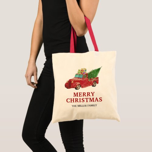 Vintage Red Pickup Truck Christmas Tote Bag