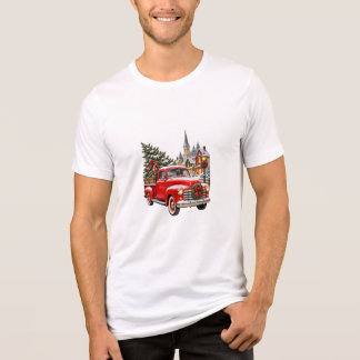 Vintage Red Pickup Truck Christmas Tree Snowy Tri-Blend Shirt
