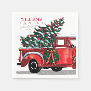 Vintage Red Pickup Truck Family Name Monogram Napkins