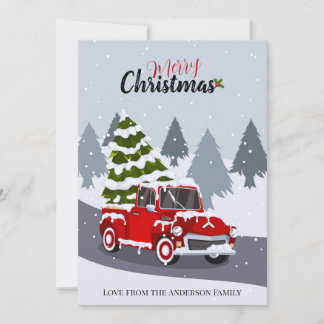 Vintage Red Pickup Truck Hauling Christmas Tree Holiday Card
