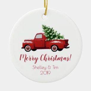 Vintage Red Pickup Truck Merry Christmas Ceramic Ornament