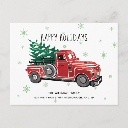Vintage Red Pickup Truck New Address Holiday Announcement Postcard