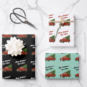 Vintage red pickup truck with Christmas tree Wrapping Paper Sheets