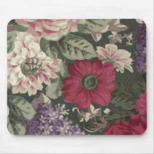 Vintage red pink blue white flowers painting mouse pad