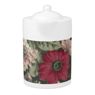 Vintage red pink blue white flowers painting teapot