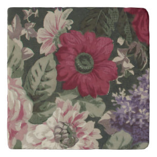 Vintage red pink blue white flowers painting trivet