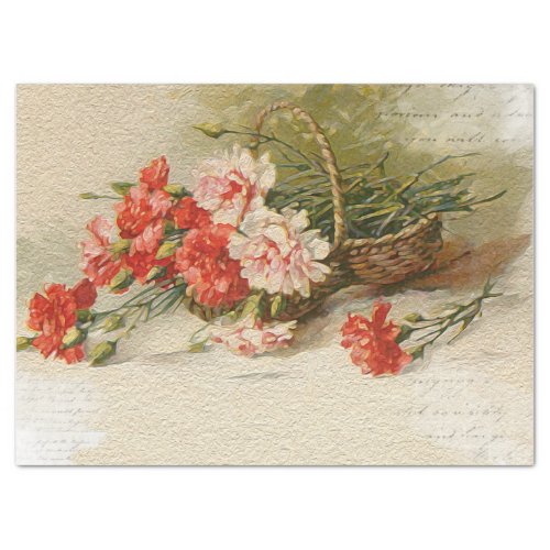 Vintage red pink Carnations with Script decoupage  Tissue Paper