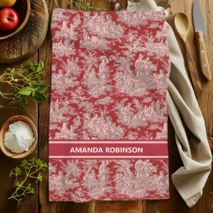Vintage Red Pink French Country Toile de Jouy Kitchen Towel