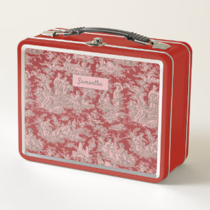 Vintage Red Pink French Toile De Jouy Metal Lunch Box