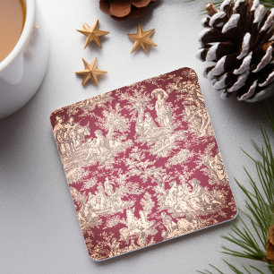 Vintage red pink toile de jouy pattern stone coaster