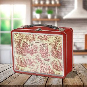 Vintage red pink toile de jouy printed metal lunch box