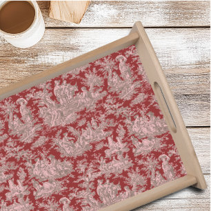 Vintage red pink toile de jouy printed serving tray
