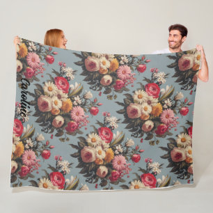 Vintage Red, Pink, White And Yellow Floral Bouquet Fleece Blanket