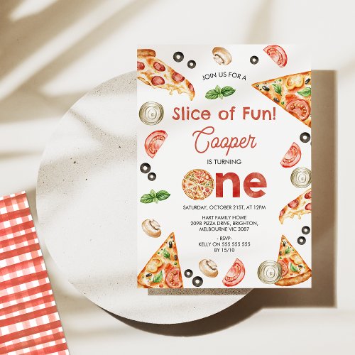 Vintage Red Pizza Slice Of Fun 1st Birthday Invitation