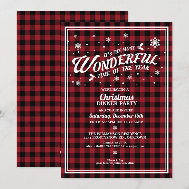 Vintage Red Plaid Christmas Dinner Party Invitation (Front/Back)