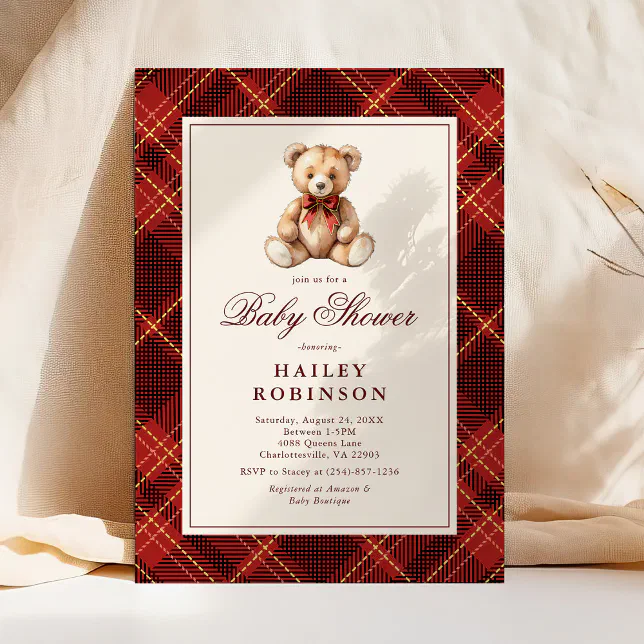 Vintage Red Plaid Classic Teddy Bear Baby Shower Invitation | Zazzle