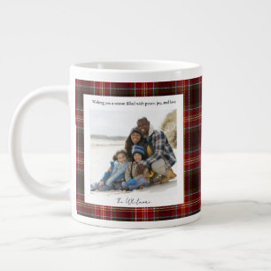 Vintage Red Plaid Monogram 2 Photo Cute Christmas Giant Coffee Mug