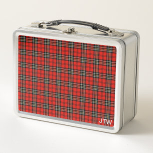 Vintage Red Plaid Monogram Metal Lunch Box