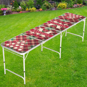 Vintage Red Plaid Monogram & Name Overlay Beer Pong Table