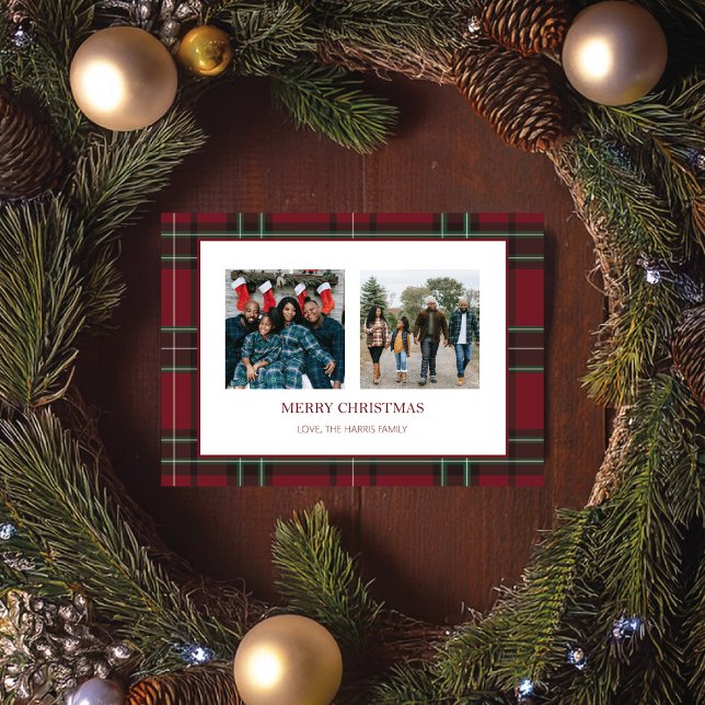 Vintage Red Plaid Two Photo Christmas Card (Creator Uploaded)