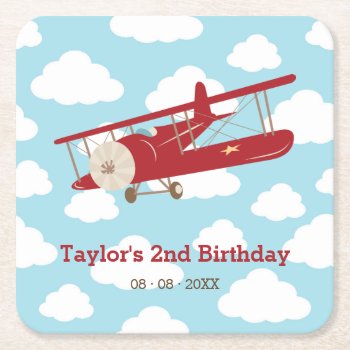Vintage Red Plane Birthday / Baby Shower Cloud Square Paper Coaster by CallaChic at Zazzle