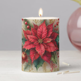 Vintage Red Poinsettia and Glitter Christmas Pillar Candle